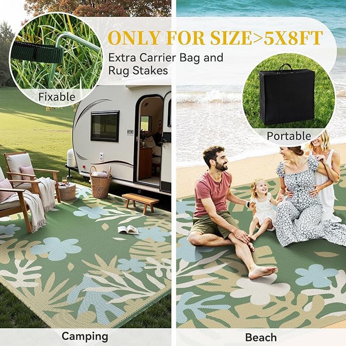 MontVoo Outdoor Rug Waterproof 5x8 ft RV Outdoor Rug for Camping Picnic Mat Outdoor Patio Rug Carpet Plastic Straw Reversible Floral Green Yellow
