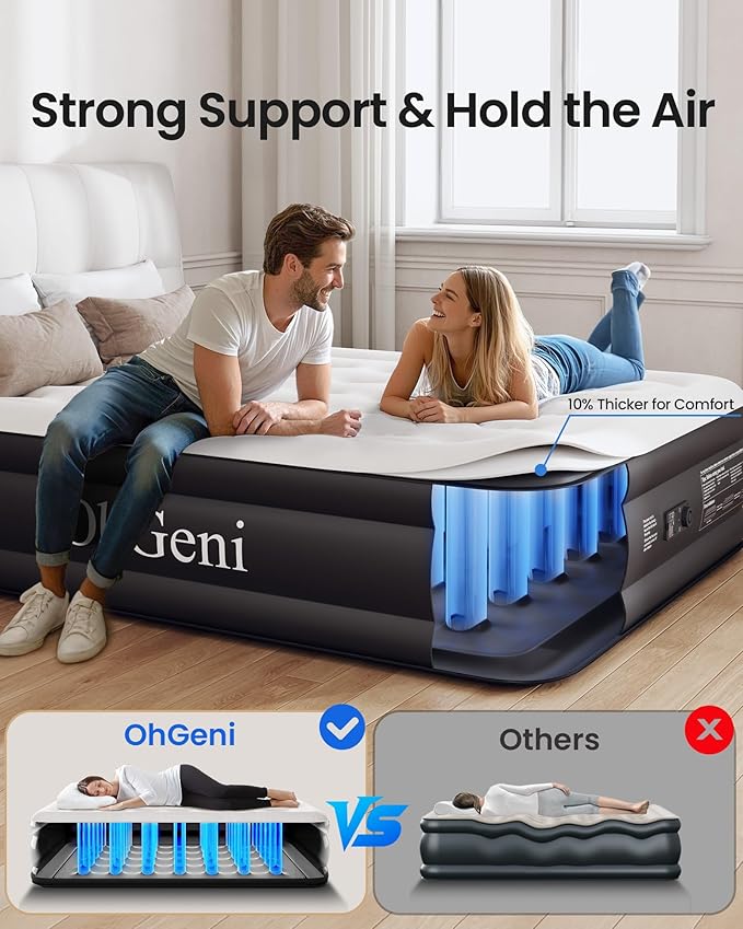 OhGeni Air Mattress Queen with Built in Pump, Inflatable Blow Up Mattress 18 Raised Comfort,Upgraded Surface Portable Mattress, Air Bed for Camping, Home and Guest, Colchone Inflable, 650 lbs Max