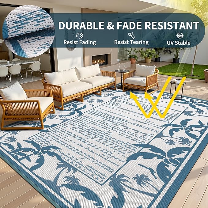 COCOER Outdoor-Rug 5x8 ft Waterproof Reversible Outdoor Plastic Straw Rug RV Indoor Outdoor Carpet Quick Dry Patio Rug Camping Mat for Balcony Backyard Picnic Beach-Blue&White