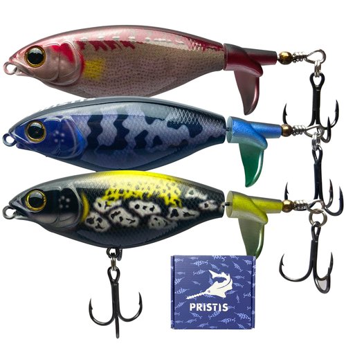 Pristis 3 pcs Top Water Fishing Lures with Single Propeller Tail, Plopper Lure Set, Plopping Sputter Hard Bait Saltwater Freshwater, Topwater Whopper Minnow Swimbait for Bass Perch Pike Muskie Crappie
