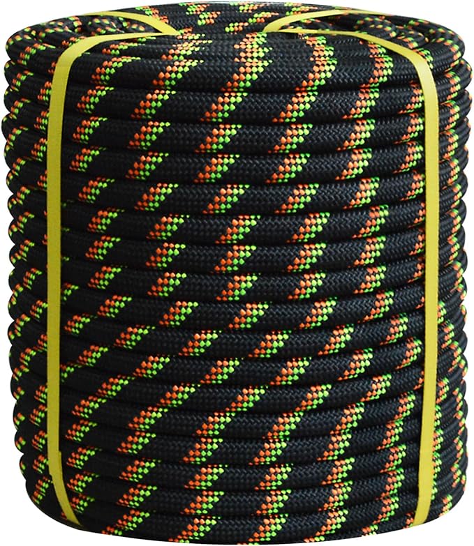 Double Braided Arborist Rope - 3/4 Inch x 200 Feet Polyester High Strength Climbing Rope for Tree Work, Swing, Halyard, Sailing(Black/Green/Orange)