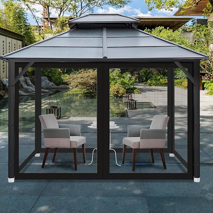 Gazebo Universal Replacement Mosquito Netting, 10' x 10' Outdoor Mesh Netting Screen 4-Panel Sidewall with Zipper for Patio, Canopy, Garden and Backyard, Black(Mosquito Net Only)