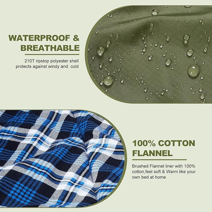 AGEMORE Cotton Flannel Sleeping Bag with Fleece Lined Hood, Waterproof XL Sleeping Bag for Adults, for Cold Weather Camping Backpacking or Hiking, 3-4season with Compression Sack