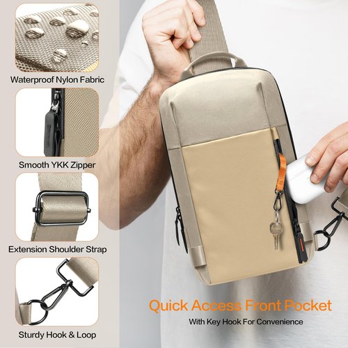 GEAMSAM Sling Bag for Men, Crossbody Bag Sling Shoulder Backpack Waterproof Lightweight Daypack Chest Bag for Work Travel, Perfect for Commute Daily Carry - Khaki