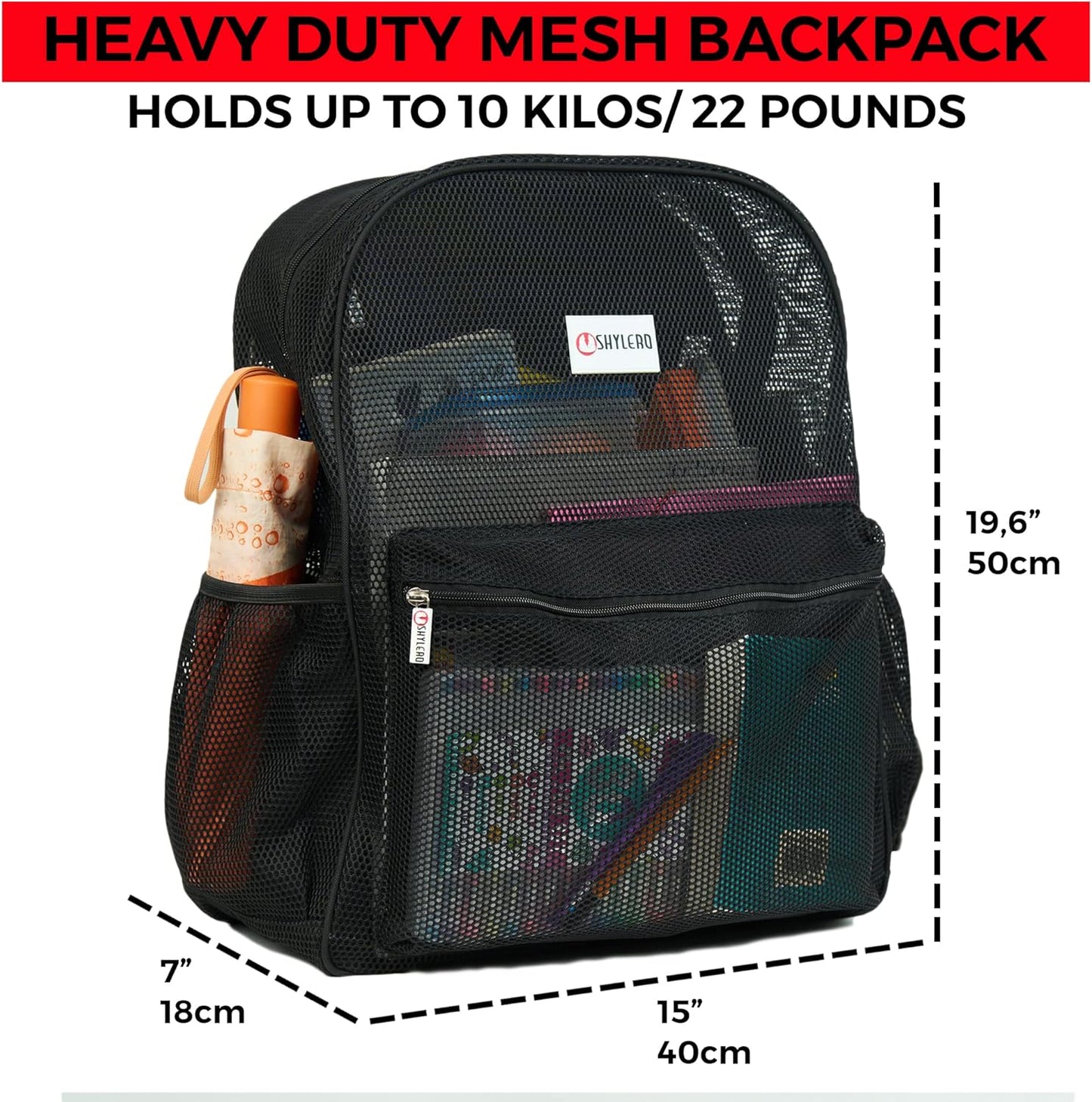 SHYLERO Mesh Backpack XXL (36L) - Lightweight Heavy-Duty Clear Backpack Made of Reinforced 3D Mesh - H19.6 xW15 xD7