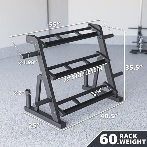 Synergee 3-Tier Dumbbell Storage Rack with 2 Barbell Holders and 4 Weight Plate Pegs – Holds 1" and 2" Weight Plates – All-in-One Home Gym Equipment Organizer