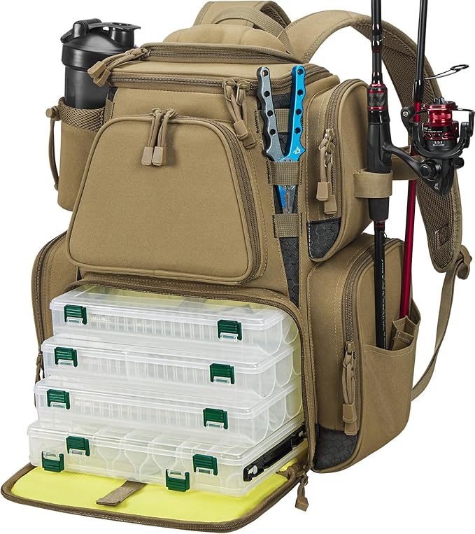 Piscifun Fishing Tackle Backpack with 4 Trays, Large Outdoor Storage Tackle Bag with Protective Rain Cover for Fishing Gear