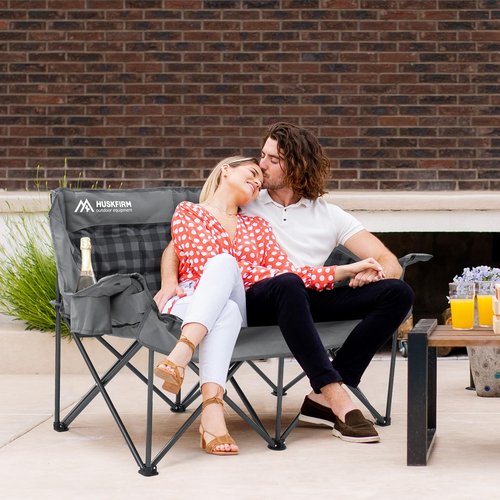 Huskfirm Double Camping Chairs Padded Loveseat Chair for 2 Person - Heavy Duty Oversized Camping Couch for Adults Outdoor Lawn Beach - Portable Folding Sofa with Cup Holders and Carry Bag, Grey