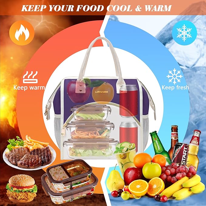 LOKASS Lunch Bag Women Insulated Lunch Box, Wide-Open Lunch Tote Bag Leak-proof Cooler Bag for Work Picnic-（Purple）