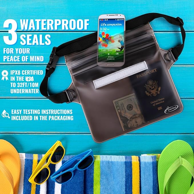 AiRunTech Waterproof Pouch with Waist Strap (2 Pack) | Adjustable Waterproof Dry Fanny Bag for Boating Swimming Kayaking Surfing | Beach Cruise Travel Accessories Essentials Vacation Must haves