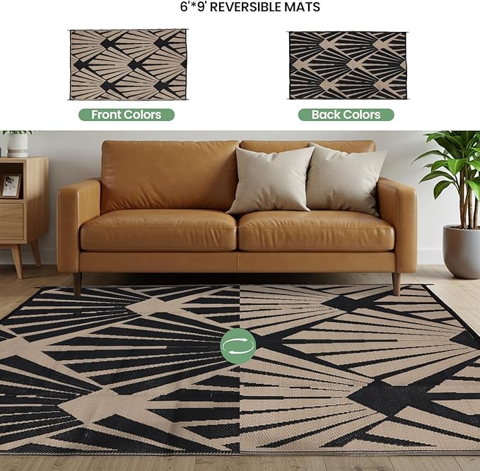 Outdoor Rug for Patio, 9x12 Ft Reversible Outdoor Plastic Straw Rug Waterproof Foldable Camping Mat with Uv Protection, Quick-Dry Straw Patio Carpet for Deck Rv Porch Backyard - Black & Brown