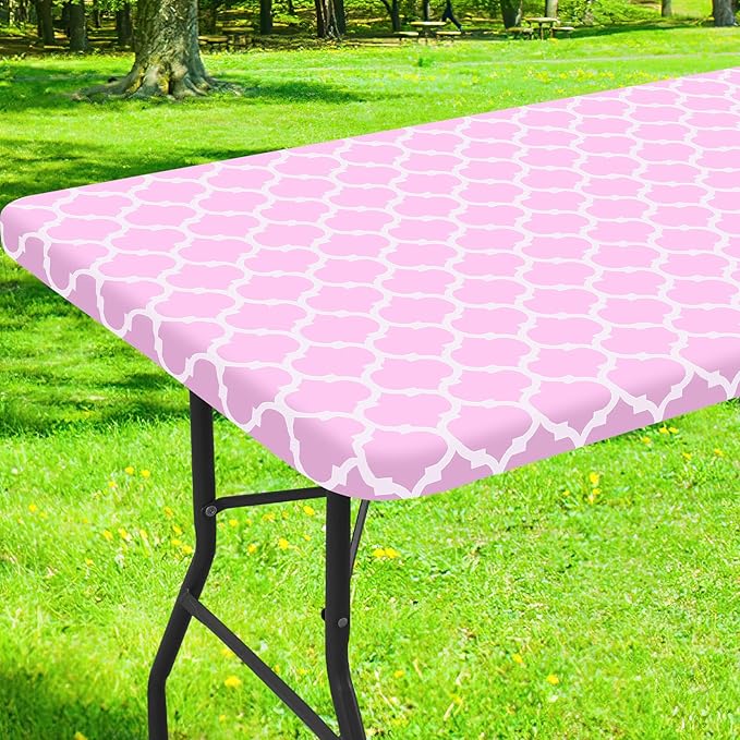 Smiry Rectangle Picnic Table Cover, Waterproof Elastic Fitted Camping Tablecloths for 8 Foot Tables, Wipeable Flannel Backed Vinyl Tablecloth Protector for Indoor, Outdoor (Pink, 30x96 Inches)