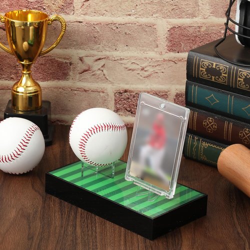 Reallnaive Acrylic Baseball and Card Display Case, Base Ball Holder, Green Lawn Base and Transparent Viewing Display Case Ball Protector for Memorabilia Showcase Autograph Gift