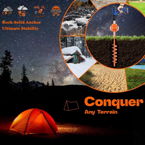 15in Screw in Tent Stakes for 2025 - Ground Anchors Screw in, with Tent Stakes Heavy Duty Adapter & 30ft Nylon Rope – Perfect for Tent Anchors, Ground Anchors Heavy Duty(Orange,6PCS)