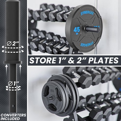 Synergee 3-Tier Dumbbell Storage Rack with 2 Barbell Holders and 4 Weight Plate Pegs – Holds 1" and 2" Weight Plates – All-in-One Home Gym Equipment Organizer