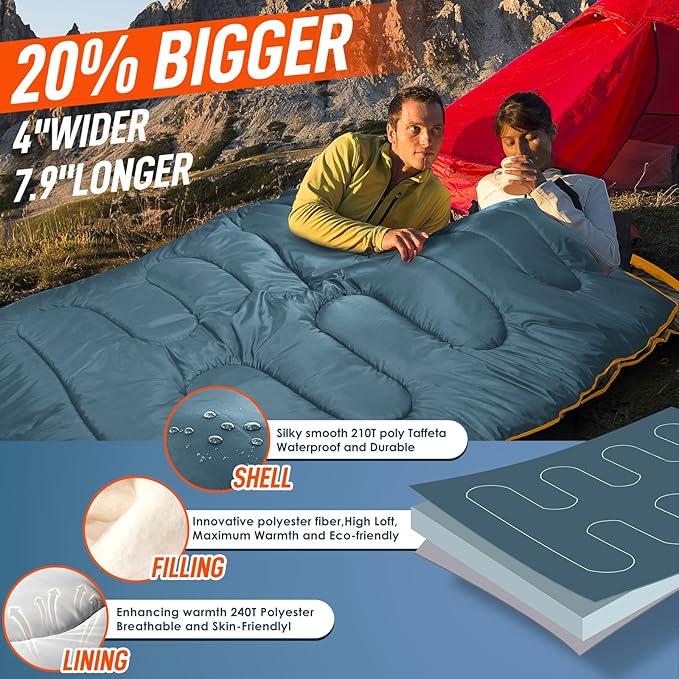 MEREZA Double Sleeping Bag for Adults Mens with Pillow, XL Queen Size Two Person Sleeping Bag for All Season Camping Hiking Backpacking 2 Person Sleeping Bags for Cold Weather & Warm