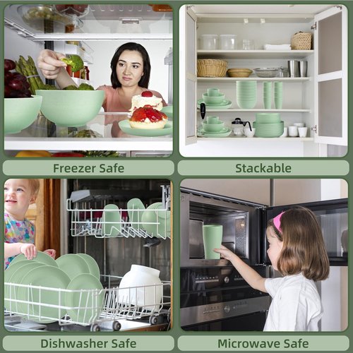 Gudvilla Camping Plates Cups and Bowls Set Green Reusable Microwave Safe Lightweight Unbreakable Plastic Dishes Set for Kids Elderly Kitchen Adults Outdoor,32 Pcs Holiday Dinnerware Sets for 8