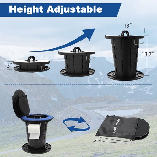 Upgraded Retractable Portable Toilet with Cushion, Adjustable Height Camping Toilets with Lid for Adults and Kids, Compact Portable Potty for Camping, Car, Travel, Boat, Tent and Emergency Use