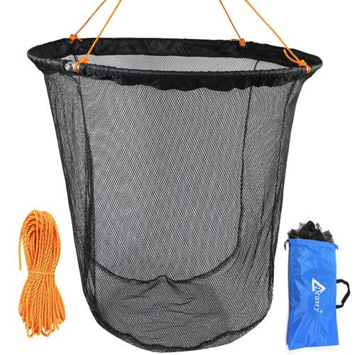 Drasry High Load-Bearing Aluminum Ring Bridge and Pier Fishing Net Rubber Coating Landing Net Foldable Drop Net for Saltwater Freshwater Pier Fishing Baskets 49.2 FT Rope（23.6 * 23.6 * 27.5 in）