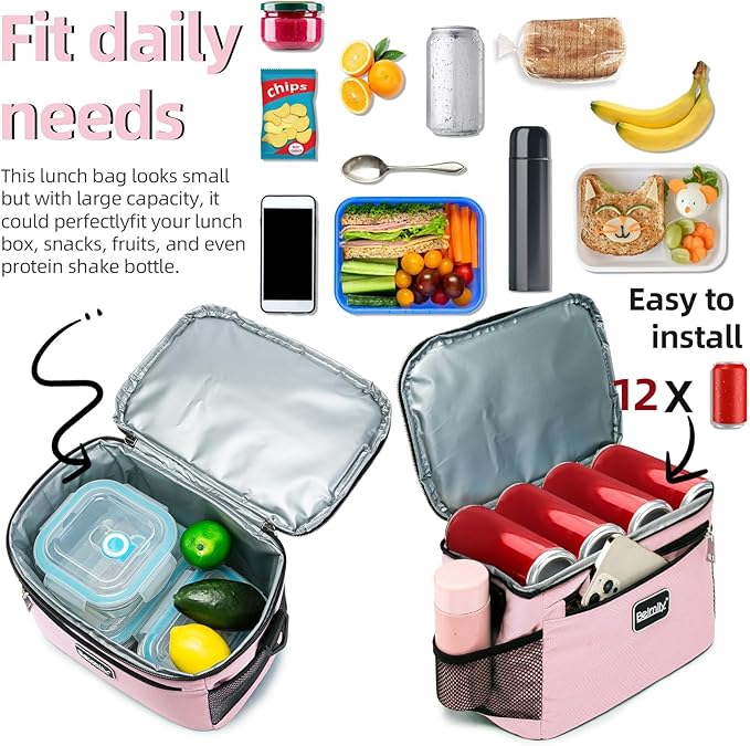 BEIMILY Lunch Box for Men/Women,Small Insulated Lunch Bag,Reusable LunchBox for work Picnic Hiking Beach,Leakproof Soft Cooler Tote Bag Organizer with Adjustable Shoulder Strap for Adults(Pink)