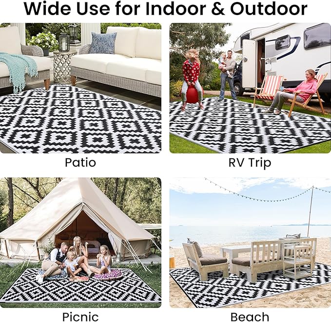 Smiry Waterproof Outdoor Rug 6x9 ft, Reversible Plastic Straw Patio Camping Rugs, Outdoor Indoor RV Mat Carpet for Patio, Outside Entry, Backyard, Deck, Bench, Picnic, Camper, Black & White