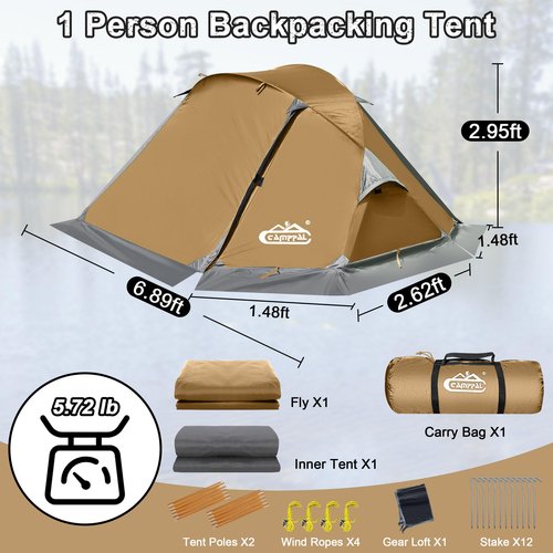 Camppal 1 Person Backpacking Tent, Waterproof 4 Seasons Tent, Lightweight Cold Weather Winter Tent Easy Setup for Hiking, Camping, Hunting