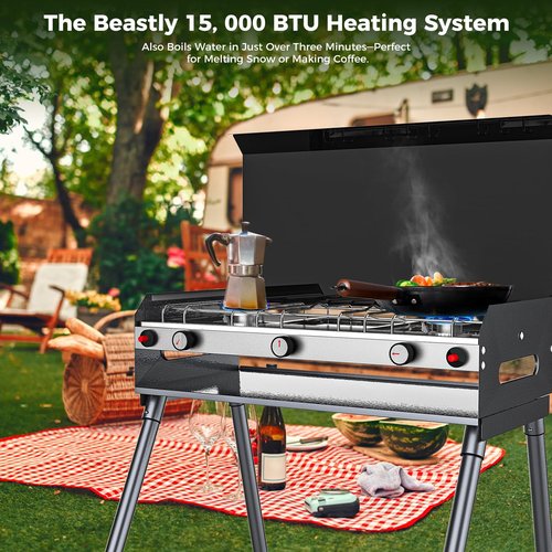 Camplux Propane Camping Stove 2 Burners & 1 Grill, Portable Outdoor Gas Stove, Auto-Ignition Camping Stove with Regulator, Total Power at 15,000 BTU