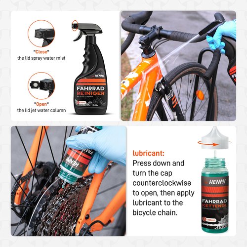 HENMI Bike Cleaning Kit and Chain Oil Lubricant with Bicycle Degreaser 500ML,Bike Chain Lube 100ML,Cleaner Brush Tool,Rear Cogs,Chainrings,Suitable for All Types