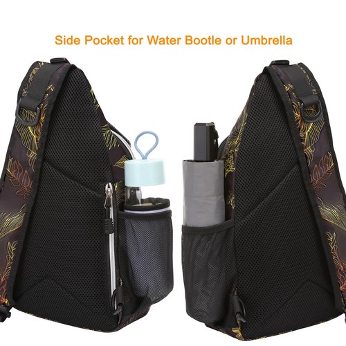 MOSISO Crossbody Sling Backpack, Portable Travel Hiking Daypack Chest Sling Bag Casual Daypack One Strap Chest Backpack for Women Men Outdoor Hiking Travel, Golden Line Monstera Leaf