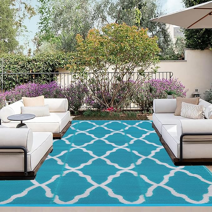 OutdoorLines Outdoor Plastic Area Rugs for Patio 6x9 ft - Reversible Outside Carpet, Stain & UV Resistant RV Mats, Straw Rug for Camping, Deck Garden, Porch and Balcony, Moroccan Teal & Light Grey