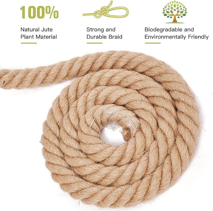 Rope 1 1/2 Inch 100 Feet Jute Rope, Heavy Duty Jute Rope,Natural Hemp Rope, Twisted Hemp Rope for Crafts, Gardening, Bundling,Hammock, Nautical, Tug of War, Railings, Home Decorating