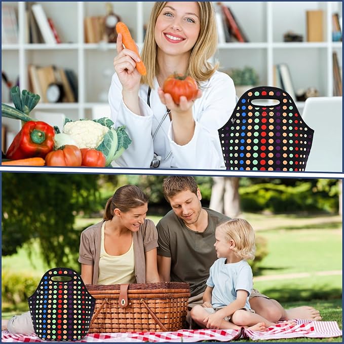 LOVAC Neoprene Lunch Bag, Thick Insulated Lunch Bag - Durable & Waterproof Lunch Tote With Zipper For Outdoor Travel Work School (Small Colorful Dot)
