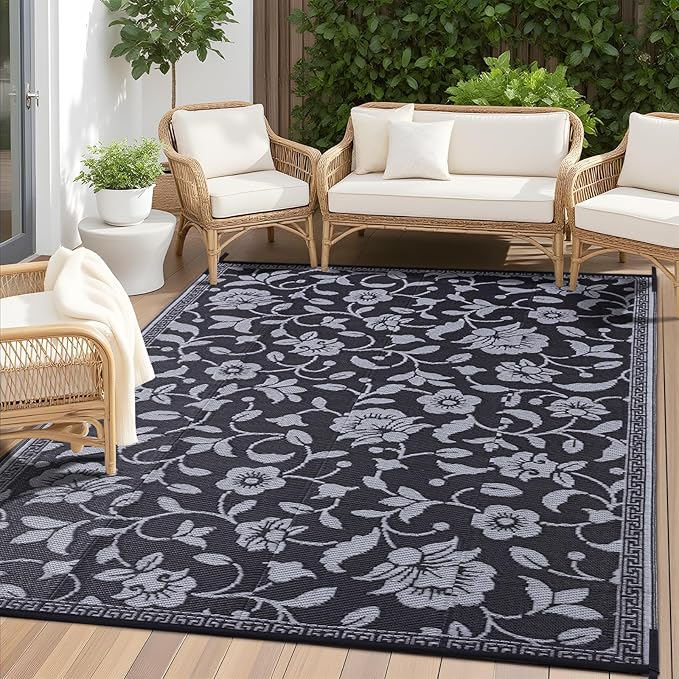 OLANLY Waterproof Outdoor Rug 8x10 ft, Outdoor Plastic Straw Rug with Flower Pattern, Reversible RV Mat for Patio, Camping, Balcony, Deck, Backyard, Black & Grey