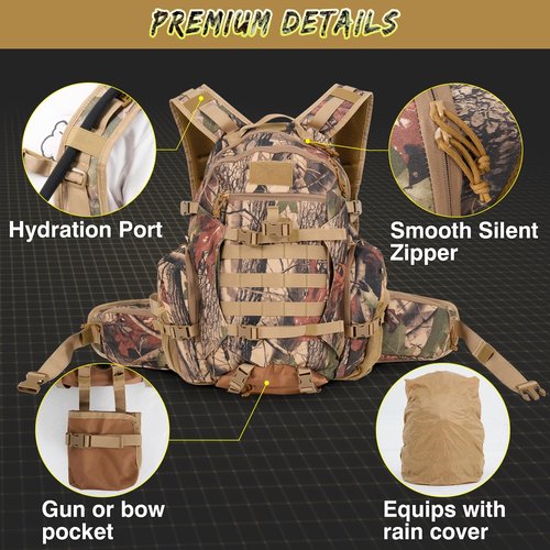 MOPHOTO 900D Waterproof Hunting Backpack for Men, 35L Large Durable Hunting Day Pack with Bow/Rifle Holder，Camo Hunting Pack with Rain Cover and Multiple Organized Pockets