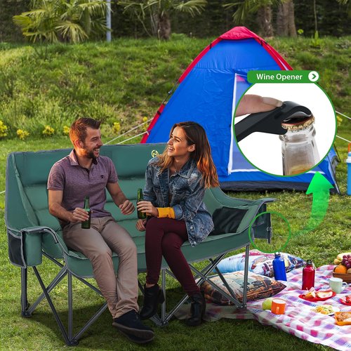 Nice C Double Padded Camping Chair, Oversized Loveseat Camping Chair, Outdoor Camping Couch for Adults, Lawn Chairs, Extra Padded, with Cup Holder, Cooler Bag, Bottle Opener (Green)