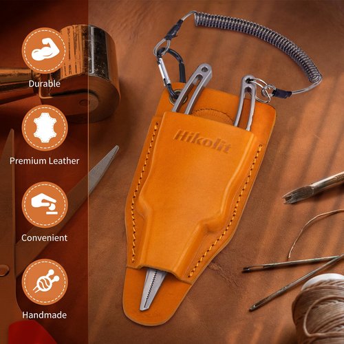 Hikolit Fishing Pliers Sheath with Spring Steel Belt Clip and Coiled Lanyard, Cowhide Leather Holsters for Most Fishing Pliers