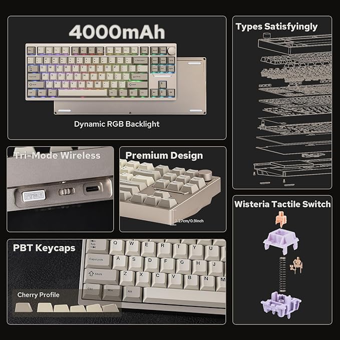 EPOMAKER P87 TKL Aluminum Wireless Gaming Keyboard, QMK/VIA Programmable, 87% Bluetooth/2.4Ghz/USB-C, with CNC Metal Knob and RGB Backlight (Khaki, Wisteria Tactile Switch)