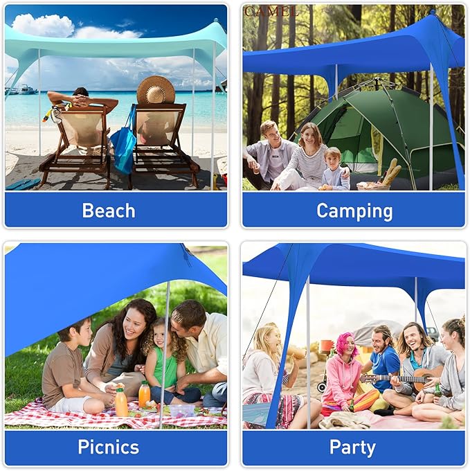 Beach Tent Pop Up Shade Canopy Sun Shelter UPF50+ with 2 Stability Poles/Carry Bag/Ground Pegs/Sand Shovel/Windproof Ropes Portable Outdoor Family Sunshade for Beach Camping(Navy Blue,10×10FT)