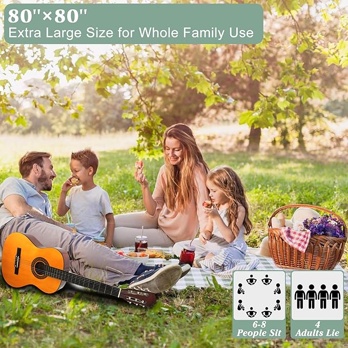 HX&OD Outdoor Picnic Blanket, Extra Large, 80''x80'' Waterproof Foldable Blankets Gingham Picnic Mat for Beach, Camping Grass Lawn Park Accessories Cute Couple Ideas Wedding (Green, 80”x80”)
