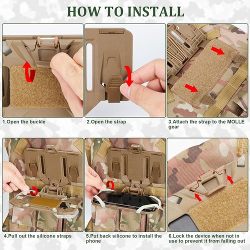 AGPTEK Universal Molle Tactical Phone Holder - Chest Mount for Tactical Vests and Plate Carriers, Phone Mount Fits 4.7"-6.7" Cell Phones, Ideal for Outdoor Paintball, Airsoft, and Hunting（Tan）