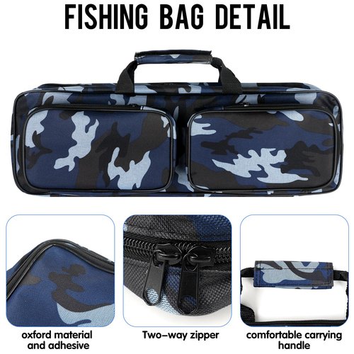 mouhike 17-inch Fishing Tackle Carrier Bag with 2 Front Storage Pockets for Telescopic Rod, Travel Large Capacity Carry Handbag for Collapsible Fishing Tool Accessory