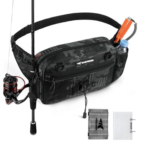 KastKing BaitSpace Waist Bag – Waterproof Tackle Storage Bag With Adjustable Belt, Fishing Fanny Pack for Men, Soft Bait Organizer, 3600 Utility Box, Rod Holder, Nylon, Black Camo