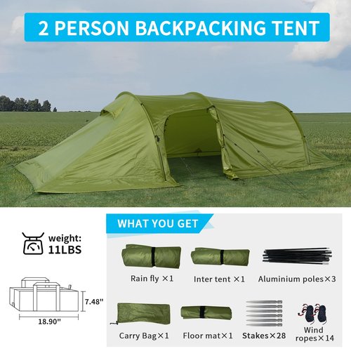 TENPLAY Camping Tent with Porch,2-3 Person,Double Layers,210T Taffeta,SBS Zipper,PU5000mm,Ultralight 11LBS,Easy Set up,2 Room 2 Doors,4 Season for Outdoor Camping Hiking Travel.