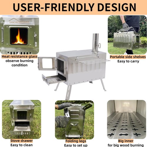 DANCHEL OUTDOOR CS6 Portable Large Tent Stoves Wood Burning 1665 Cubic Inch Firebox, Hot Tent Stove Camping 304 Stainless Steel for Fishing/Hunting/Family Tents