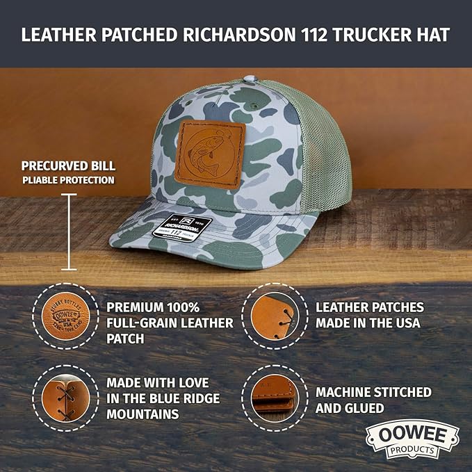 Leather Patch Hat for Men - Richardson 112 Trucker Hat w/Full-Grain Leather Patch, Laser-Engraved, Machine-Stitched