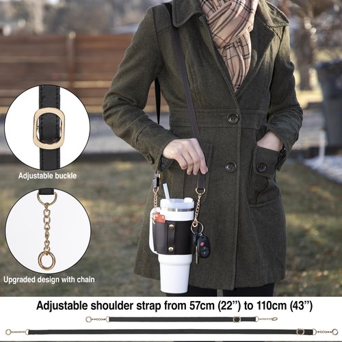 Leather Carrier Strap for Stanley 40 oz & 30 oz Tumbler with Handle |Water Bottle Holder with Adjustable Strap | Stanley Cup Accessories | Credit Card Holder | Keyring/Non-Slip Pad (Black)