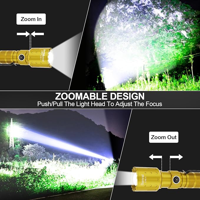 Flashlights High Lumens Rechargeable, 20000 Lumens Super Bright 1500 Meters Long Range Small Powerful Flashlight, 6 Modes LED Tactical Pocket Waterproof Flash Light for Home Emergency (1, Yellow Gold)