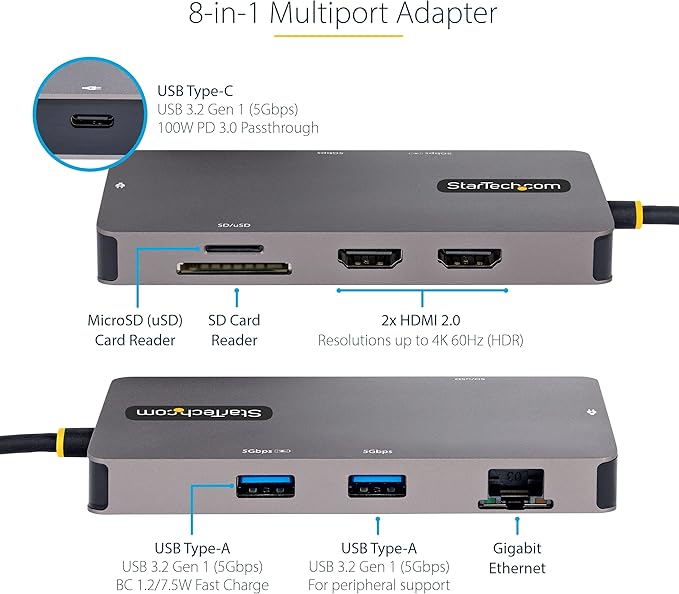 StarTech.com USB-C Docking Station for Windows, ChromeOS and Ubuntu, Dual 4K 60Hz HDMI Video, HDR10, USB 5Gbps Hub, 100W Laptop Charging, GbE, SD, MicroSD