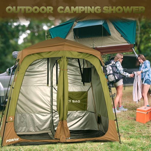 Portable Camping Shower Tent Deluxe Changing Room Easy Set Up Privacy Shelter,Large Toilet Tent 2 Rooms with Floor Drain Design for Beach, Camping,Hiking with Stakes and Ropes for Stability