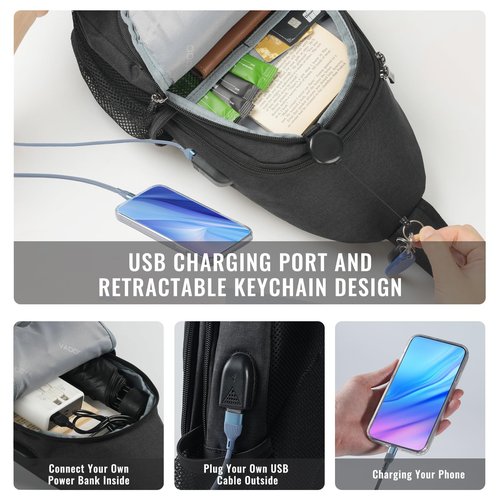 VADOO Sling Backpack with RFID Blocking and USB Charging Port & Detachable Phone Pouch for Men Women Crossbody Bag for Travel